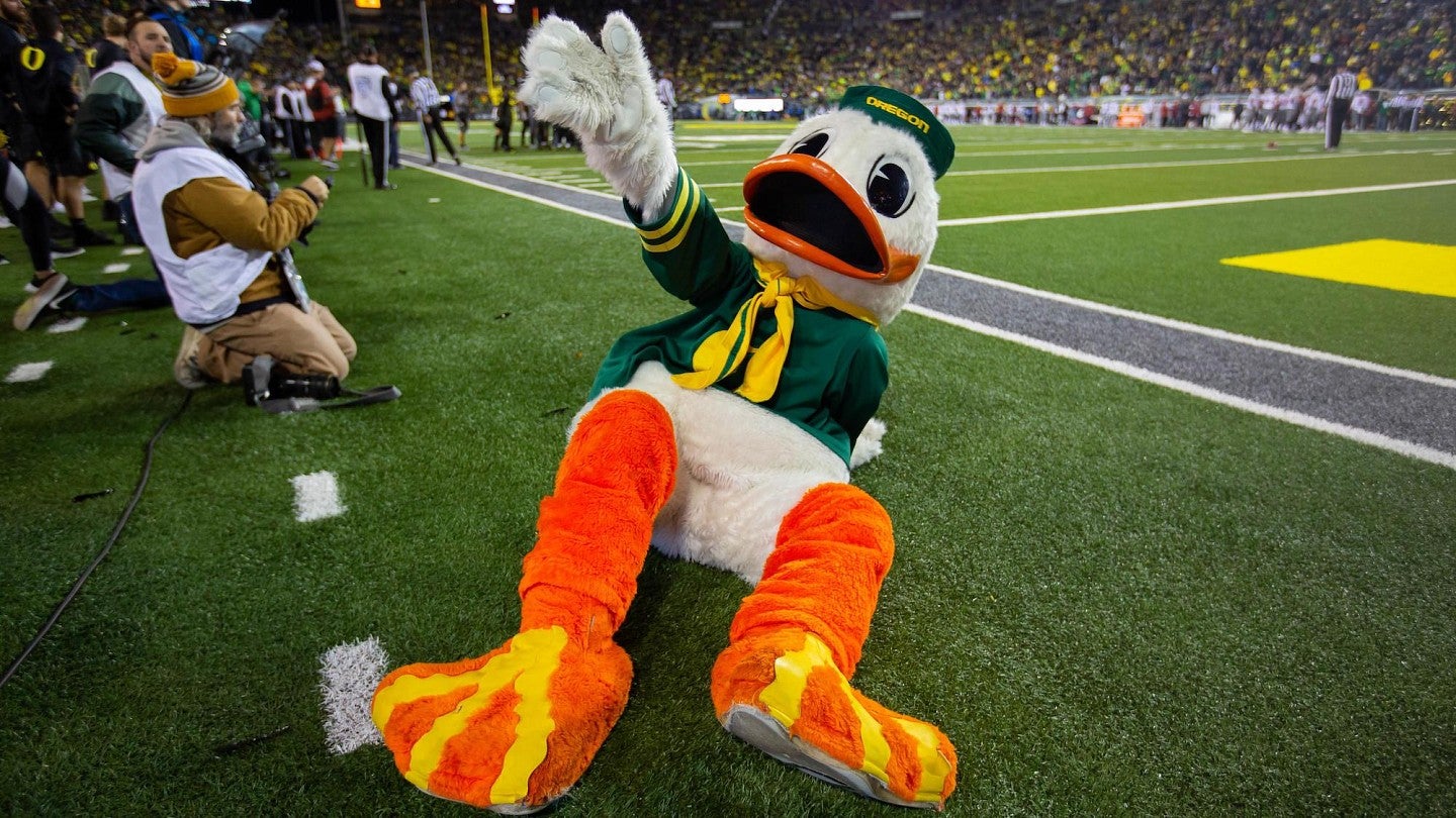 The Duck mascot at a football game