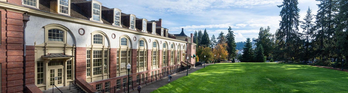 overhead view of University of Oregon campus building and lawn