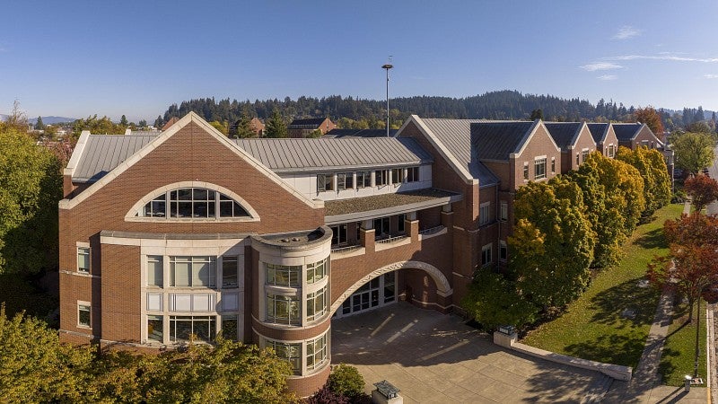 Aerial view of Knight Law School at the University of Oregon